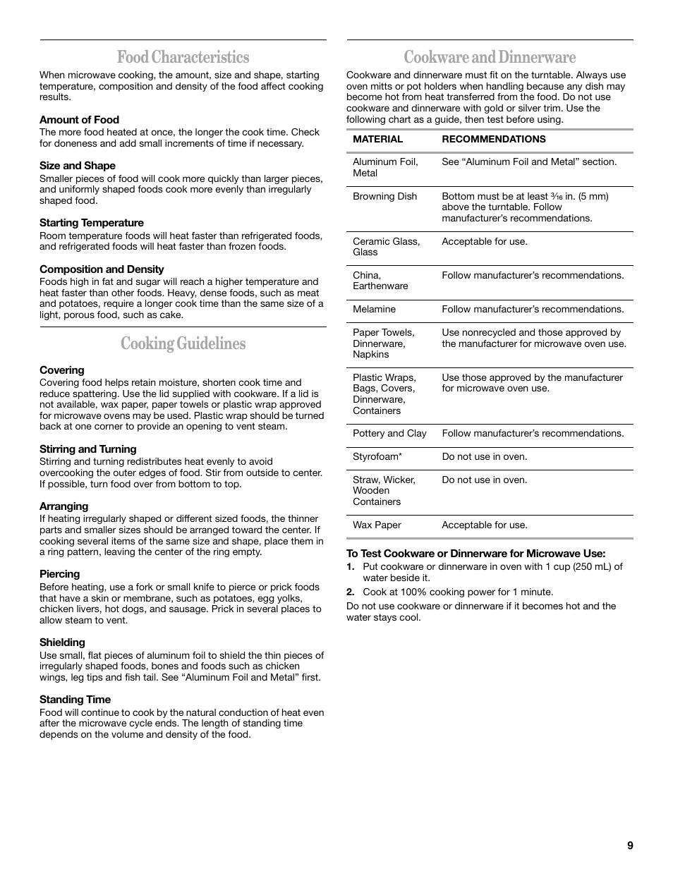 Food characteristics, Cooking guidelines, Cookware and dinnerware | Whirlpool GH8155XM User Manual | Page 9 / 20