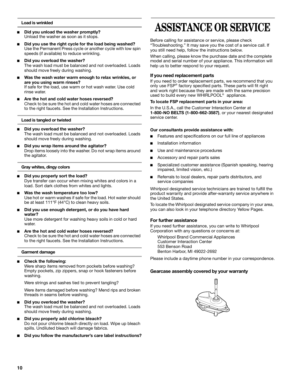 Assistance or service | Whirlpool 8316464 User Manual | Page 10 / 24