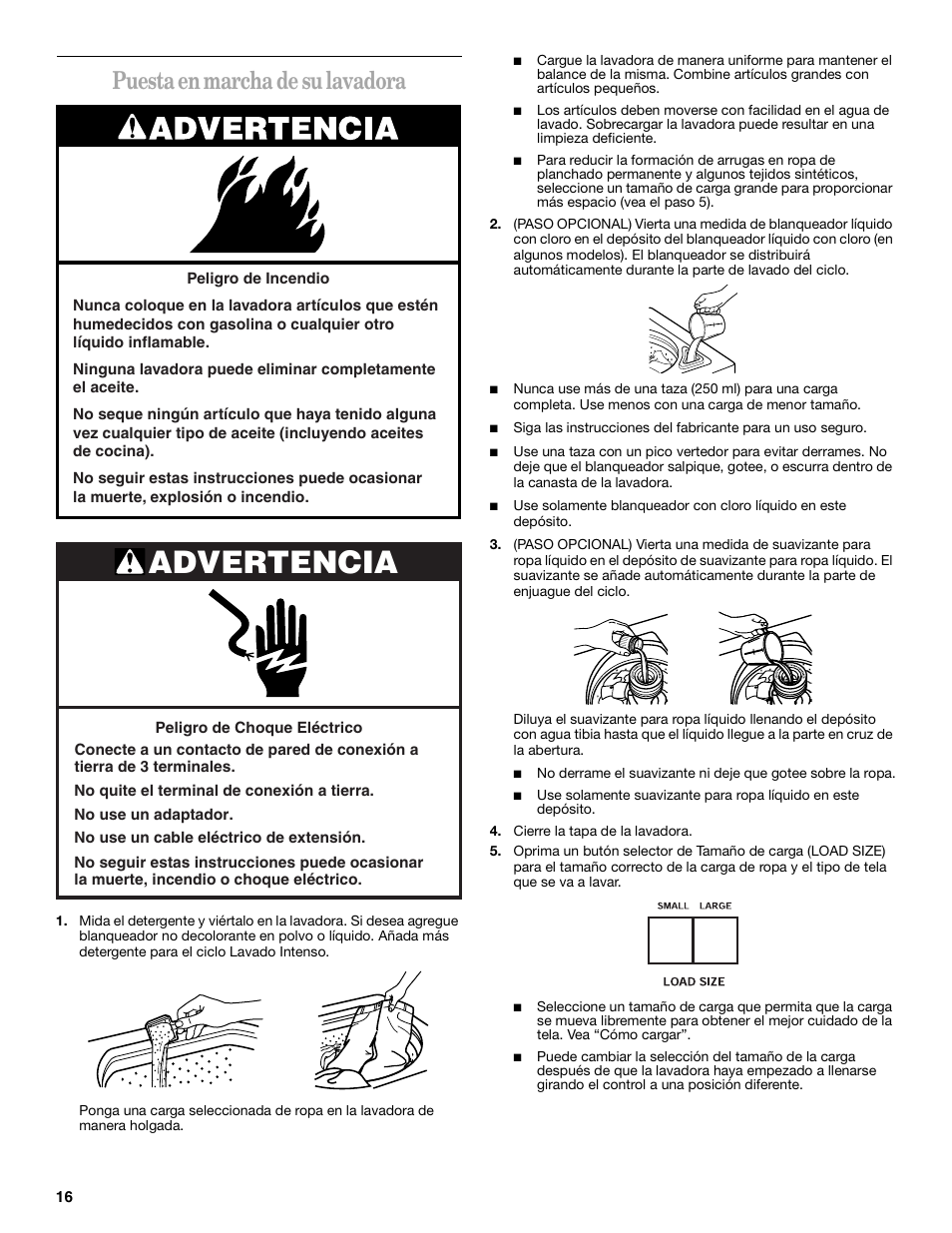 Advertencia, Puesta en marcha de su lavadora | Whirlpool 8316464 User Manual | Page 16 / 24