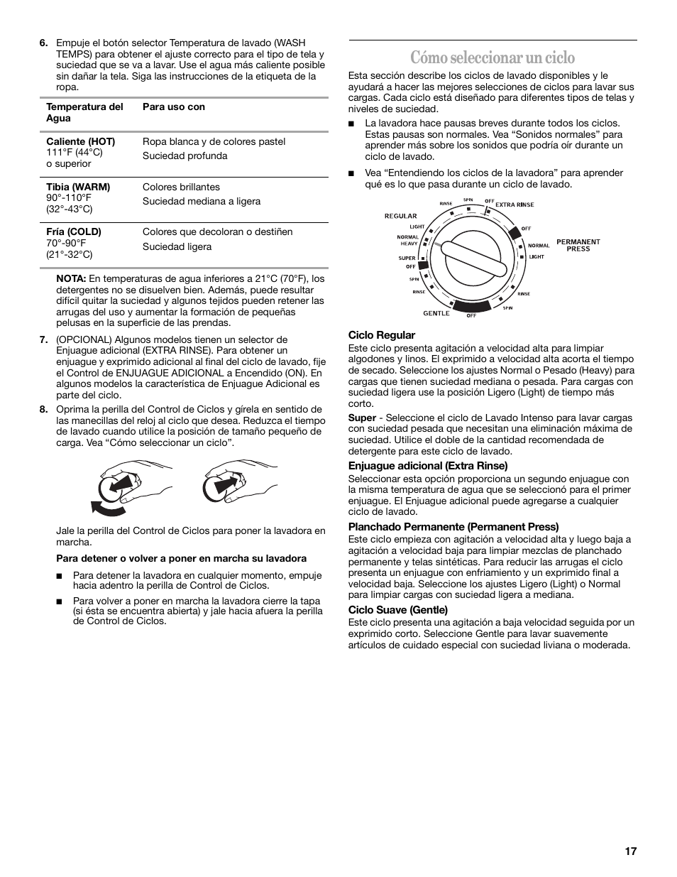 Cómo seleccionar un ciclo | Whirlpool 8316464 User Manual | Page 17 / 24