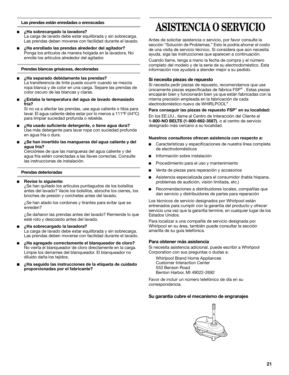 Asistencia o servicio | Whirlpool 8316464 User Manual | Page 21 / 24