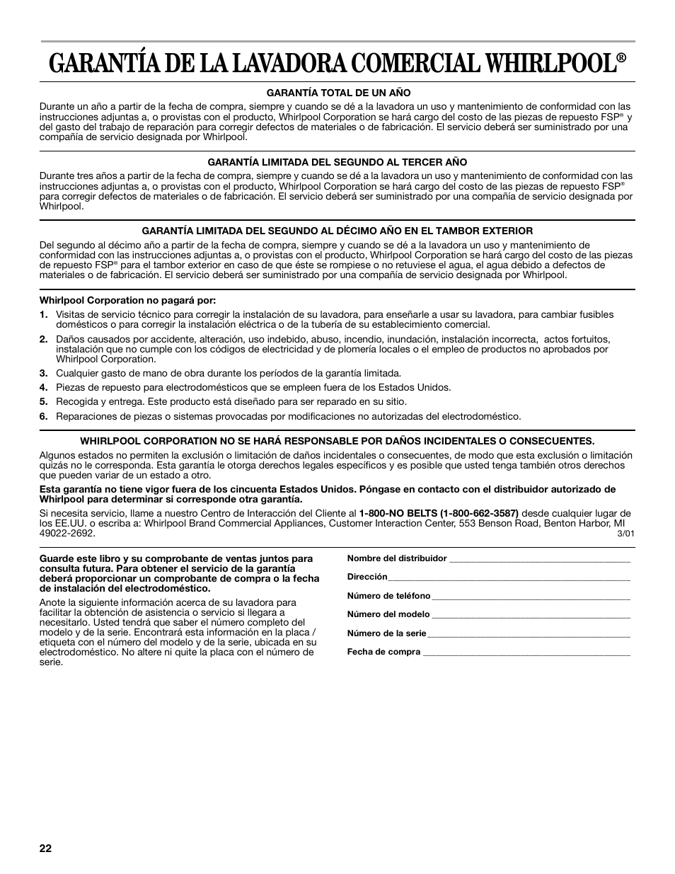 Garantía de la lavadora comercial whirlpool | Whirlpool 8316464 User Manual | Page 22 / 24