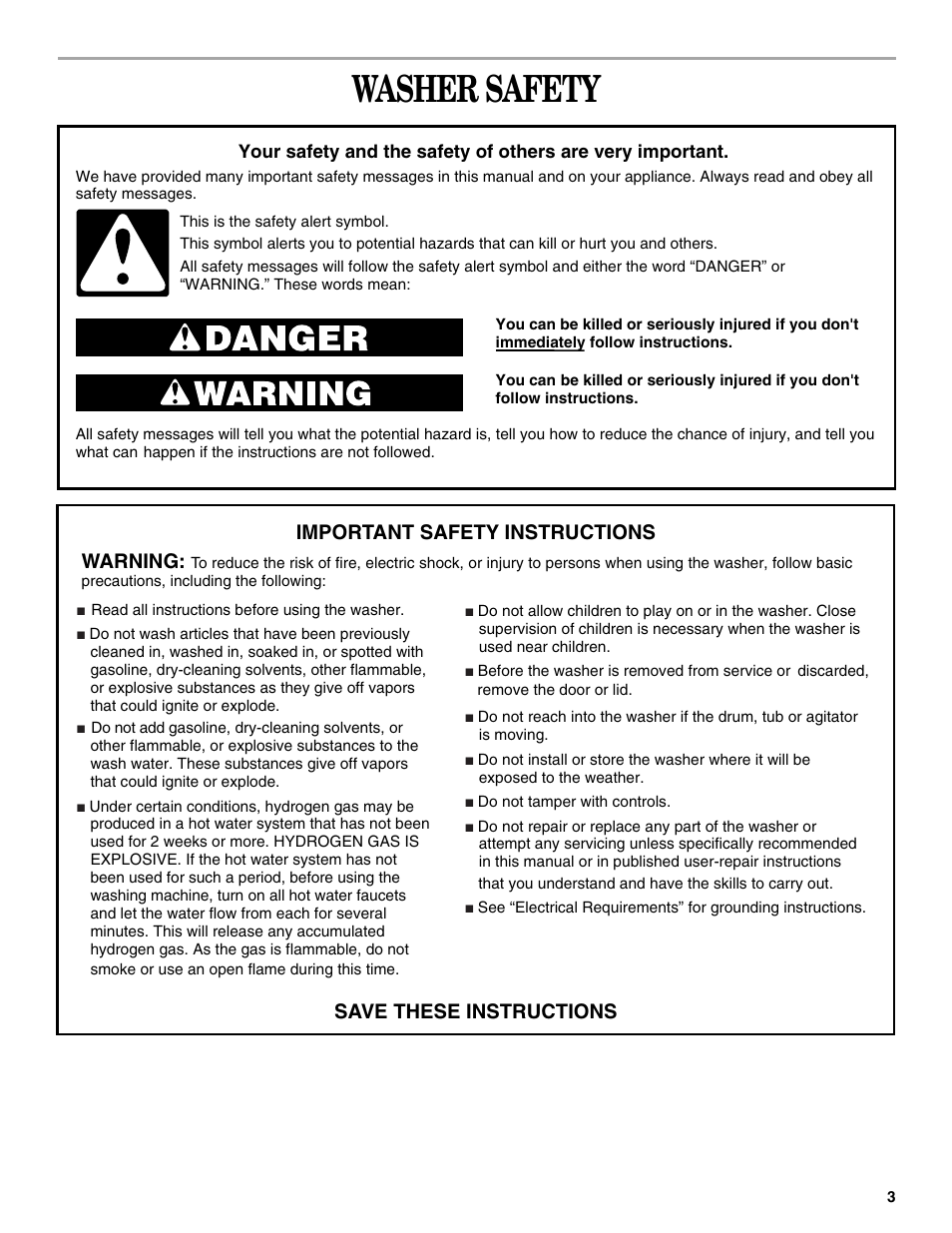 Washer safety, Warning | Whirlpool 8316464 User Manual | Page 3 / 24