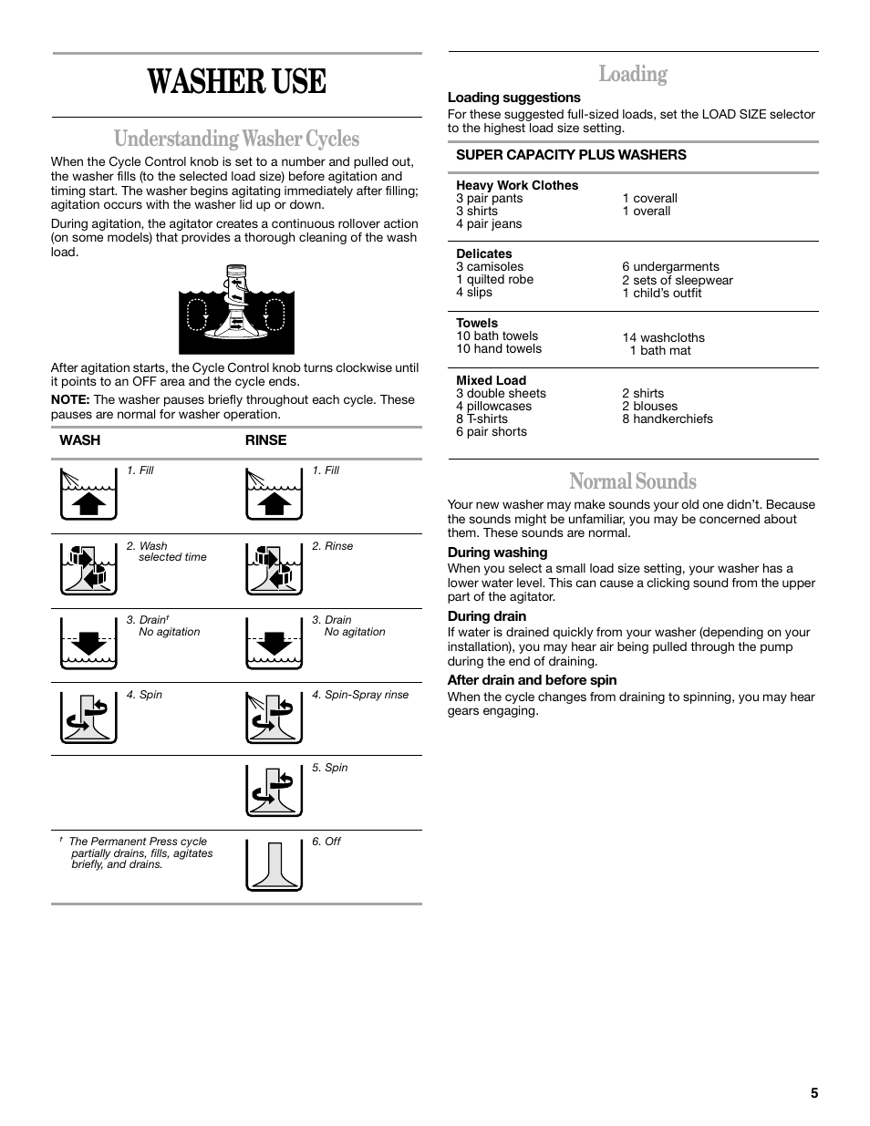 Washer use, Understanding washer cycles, Loading | Normal sounds | Whirlpool 8316464 User Manual | Page 5 / 24