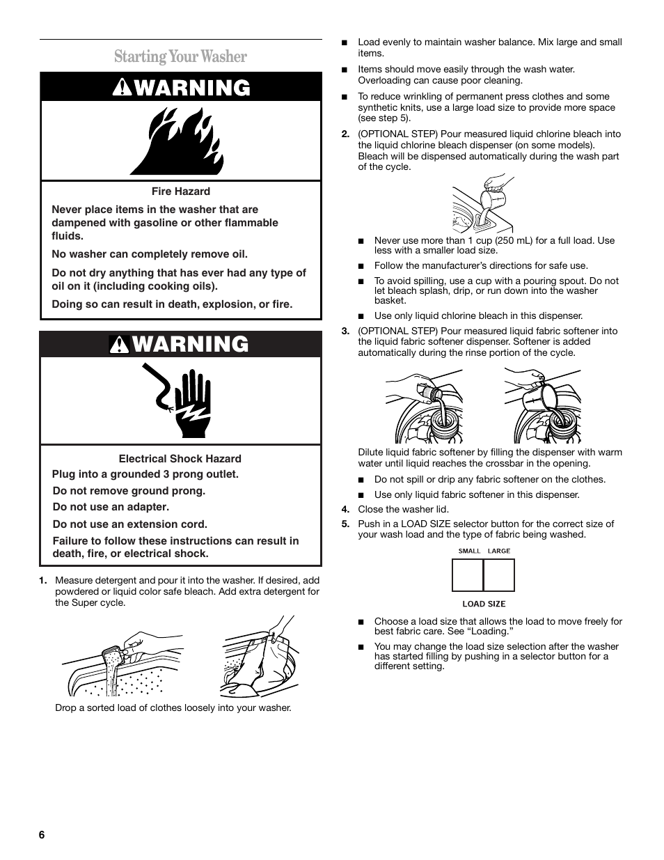 Warning, Starting your washer | Whirlpool 8316464 User Manual | Page 6 / 24