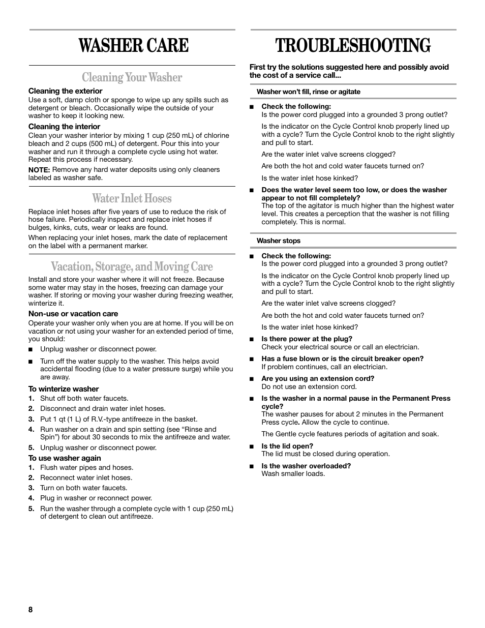 Washer care, Troubleshooting, Cleaning your washer | Water inlet hoses, Vacation, storage, and moving care | Whirlpool 8316464 User Manual | Page 8 / 24