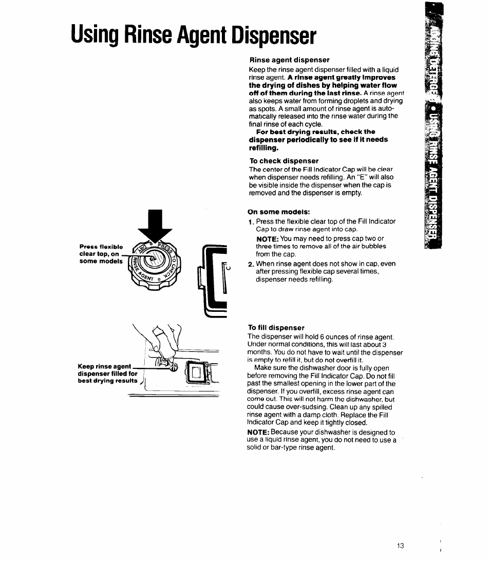 Using rinse agent dispenser, To check dispenser, On some models | To fill dispenser | Whirlpool 8500 User Manual | Page 13 / 23