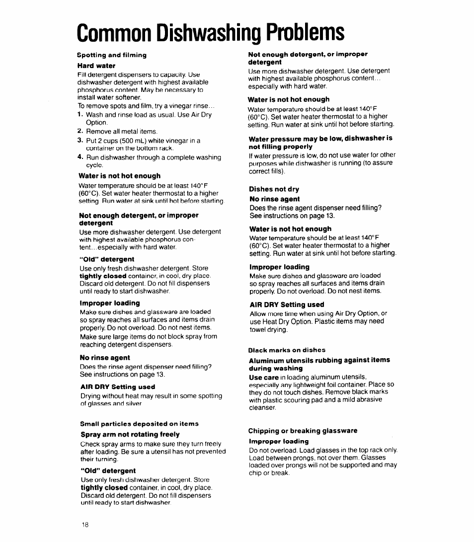 Common dishwashing problems | Whirlpool 8500 User Manual | Page 18 / 23