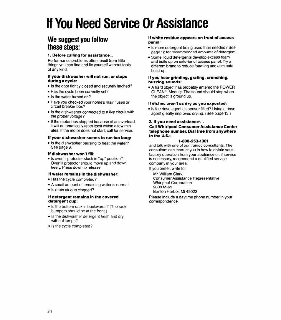 If you need service or assistance, We suggest you follow these steps | Whirlpool 8500 User Manual | Page 20 / 23