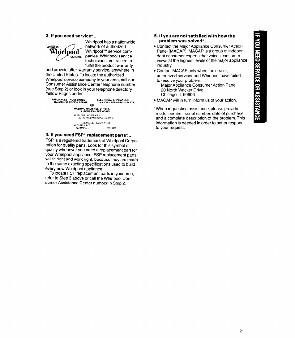 If you need service, If you need fsp* replacement parts | Whirlpool 8500 User Manual | Page 21 / 23