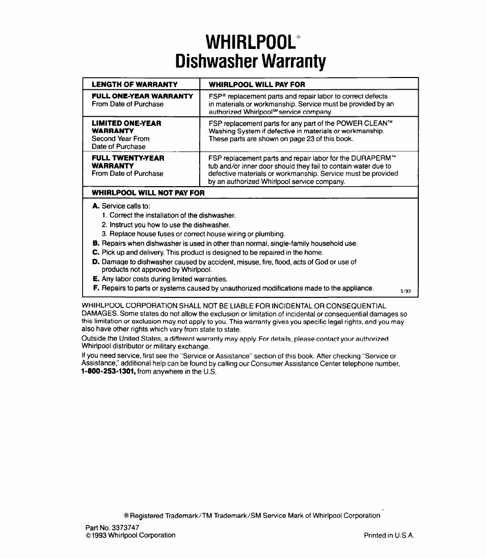 Whirlpool’ oishwasher warranty | Whirlpool 8500 User Manual | Page 23 / 23