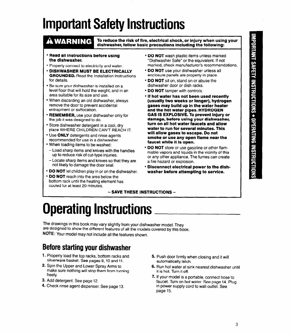 Important safety instructions, Read all instructions before using the dishwasher, Save these instructions | Operating instructions, Before starting your dishwasher, Warning | Whirlpool 8500 User Manual | Page 3 / 23