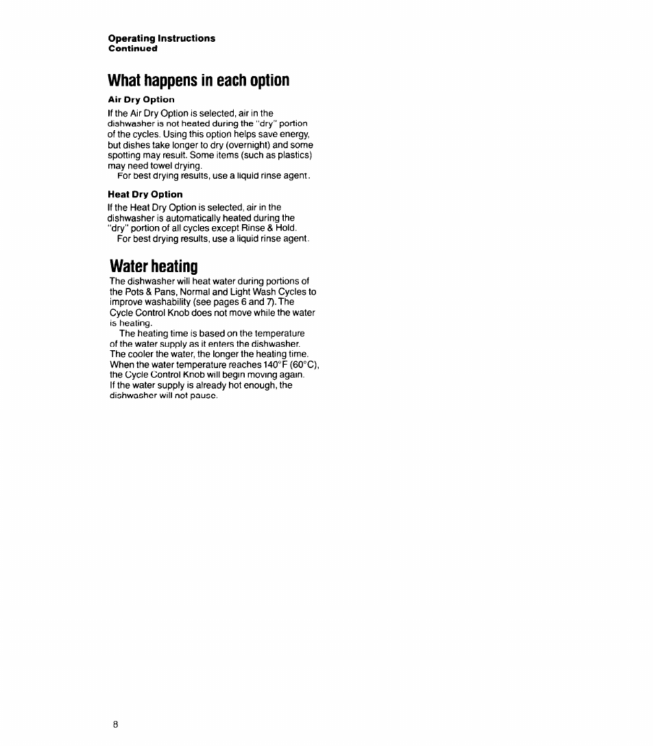 What happens in each option, Water heating | Whirlpool 8500 User Manual | Page 8 / 23