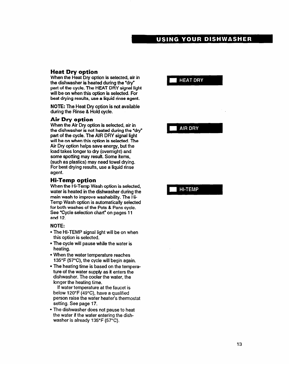 Heat dry option, Air dry option, Hi-temp option | Whirlpool 9400 User Manual | Page 13 / 31