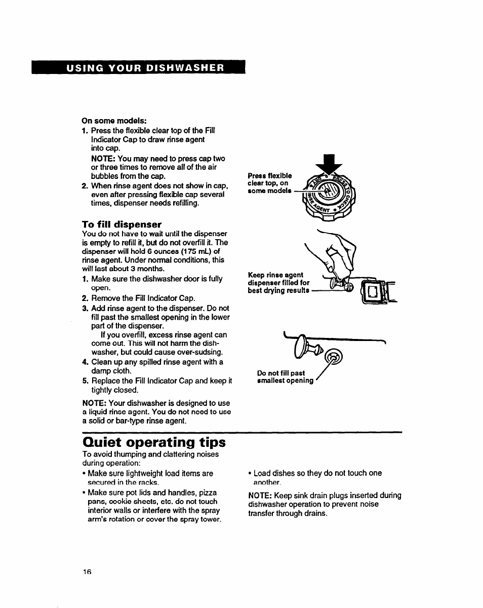 To fill dispenser, Quiet operating tips | Whirlpool 9400 User Manual | Page 16 / 31