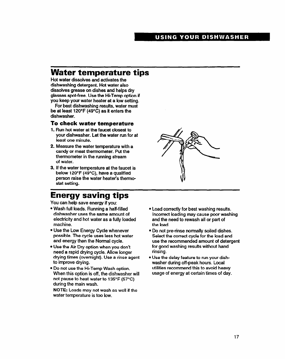 Water temperature tips, To check water temperature, Energy saving tips | Whirlpool 9400 User Manual | Page 17 / 31