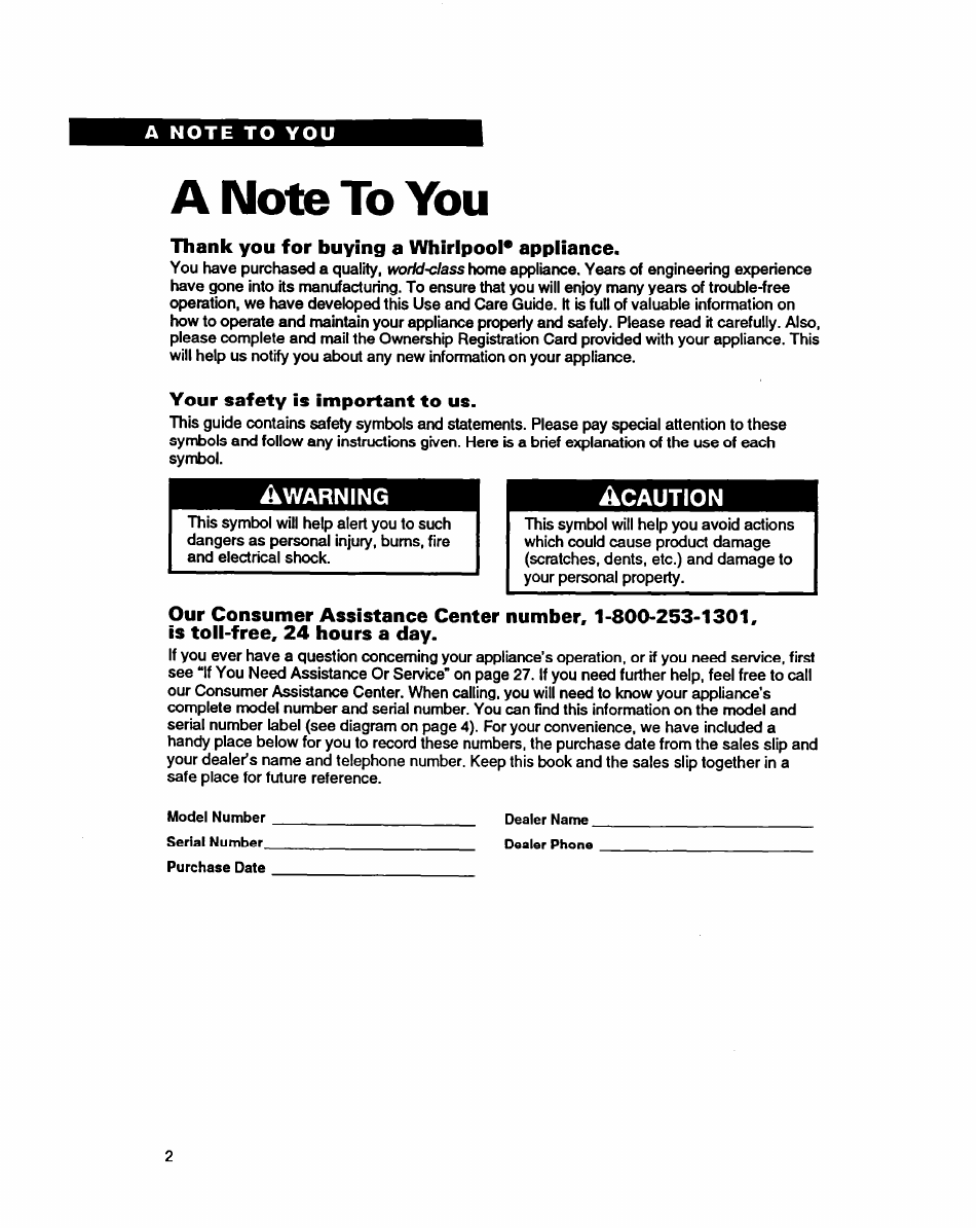 A note to you, Thank you for buying a whirlpool* appliance, Your safety is important to us | Whirlpool 9400 User Manual | Page 2 / 31
