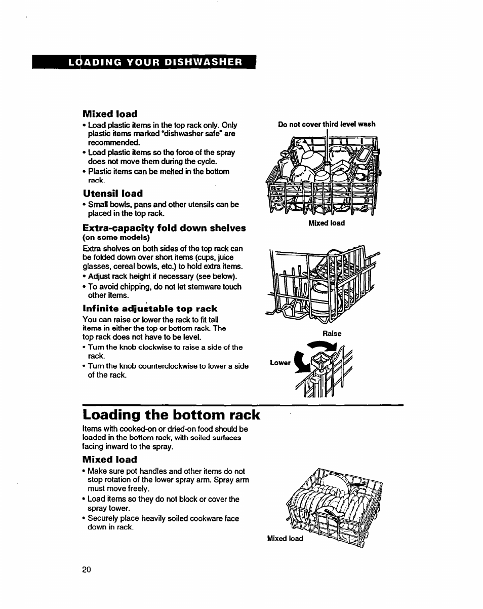 Mixed load, Utensil load, Extra-capacity fold down shelves | Infinite adjustable top rack, Loading the bottom rack | Whirlpool 9400 User Manual | Page 20 / 31