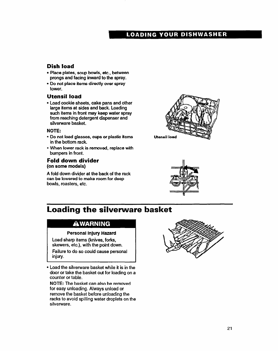 Dish load, Utensil load, Fold down divider | Loading the silverware basket | Whirlpool 9400 User Manual | Page 21 / 31