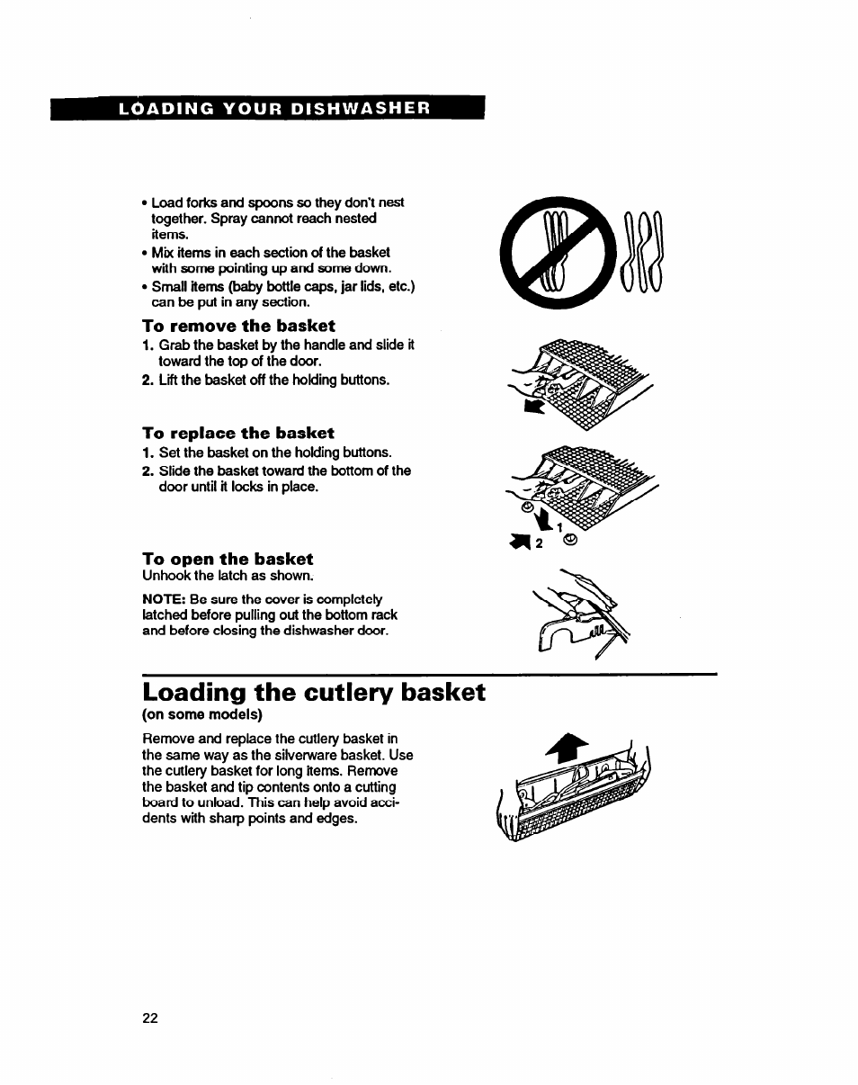 To remove the basket, To replace the basket, To open the basket | Loading the cutlery basket | Whirlpool 9400 User Manual | Page 22 / 31