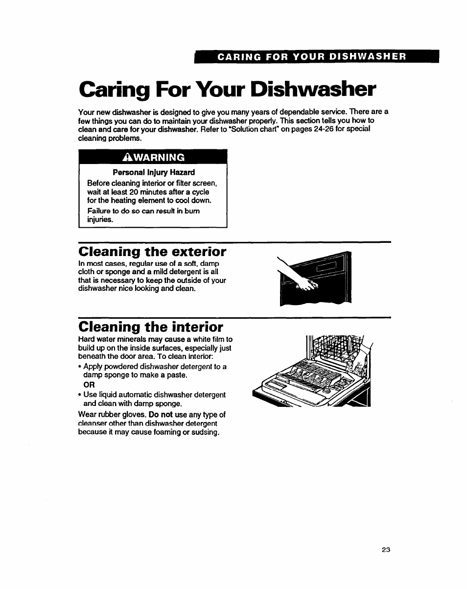 Caring for your dishwasher, Cleaning the exterior, Cleaning the interior | Caring for your, Dishwasher | Whirlpool 9400 User Manual | Page 23 / 31