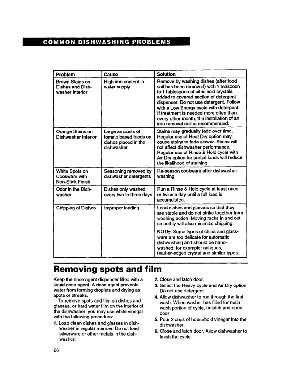 Removing spots and film | Whirlpool 9400 User Manual | Page 26 / 31