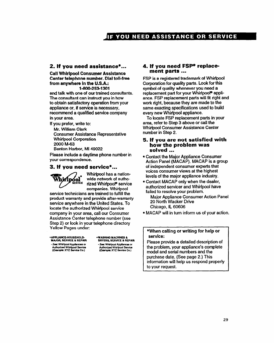 If you need assistance, If you need service, If you need fsp* replacement parts | If you need fsp* replace­ ment parts | Whirlpool 9400 User Manual | Page 29 / 31