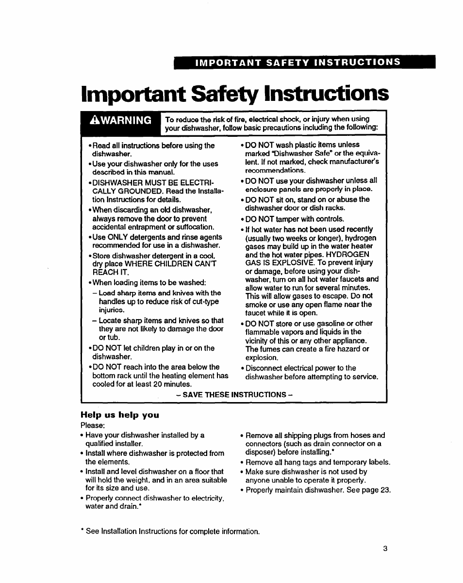 Important safety instructions, Help us help you, Warning | Whirlpool 9400 User Manual | Page 3 / 31