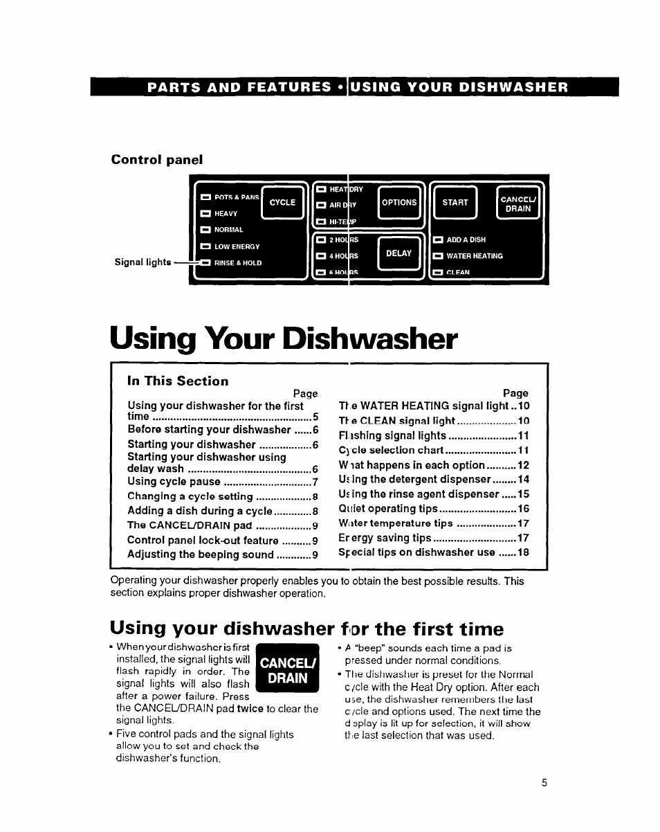 Control panel, Using your dishwasher, Using your dishwasher for the first time | Whirlpool 9400 User Manual | Page 5 / 31