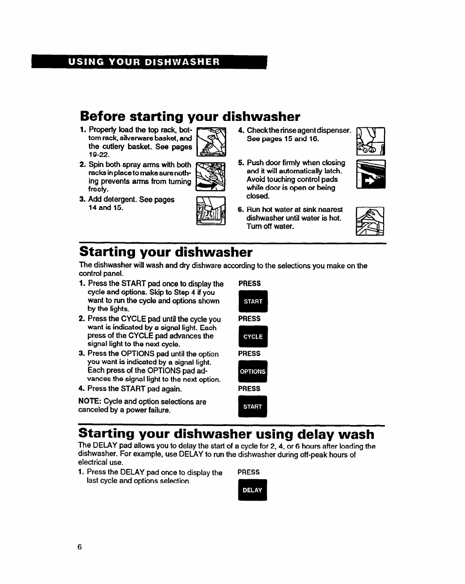 Before starting your dishwasher, Starting your dishwasher, Starting your dishwasher using delay wash | Whirlpool 9400 User Manual | Page 6 / 31