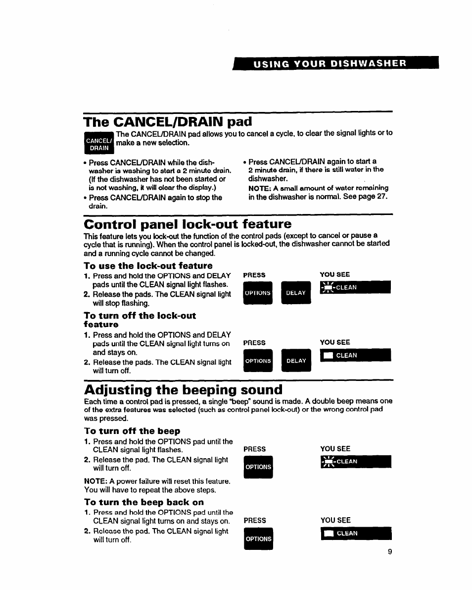 The cancel/drain pad, Control panel lock-out feature, To use the lock-out feature | To turn off the lock-out, Feature, Adjusting the beeping sound, To turn off the beep, To turn the beep back on | Whirlpool 9400 User Manual | Page 9 / 31