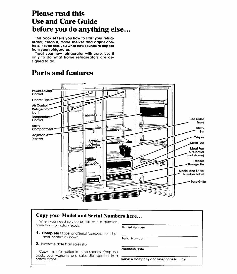 Please read this, Use and care guide, Before you do anything else | Parts and features, Copy your model and serial numbers here | Whirlpool ED19CK User Manual | Page 2 / 16