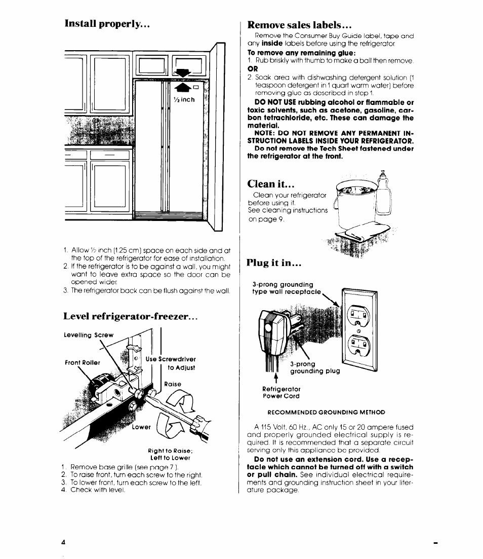 Install properly, Level refrigerator-freezer, Remove sales labels | Whirlpool ED19CK User Manual | Page 4 / 16