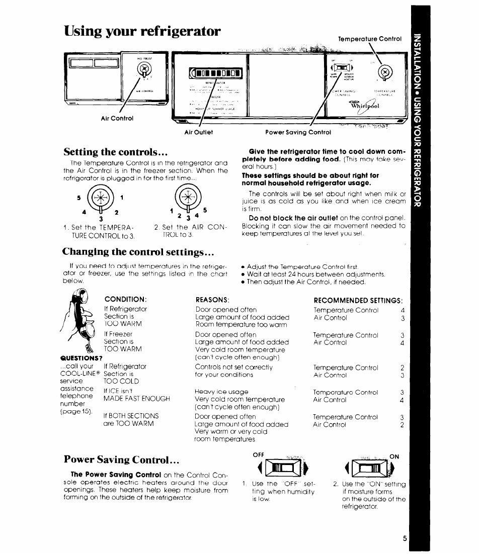 Using your refrigerator, Setting the controls, Changing the control settings | Power saving control, Setting the controls changing the control settings | Whirlpool ED19CK User Manual | Page 5 / 16