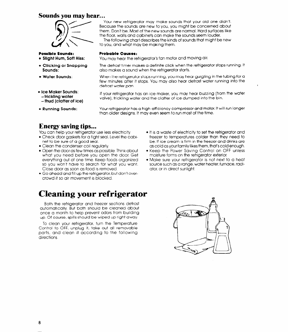 Cleaning your refrigerator, Sounds you may hear, Energy saving tips | Whirlpool ED19CK User Manual | Page 8 / 16