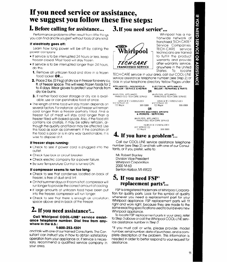 If you need assistance, If you need service, Whirldool | Before calling for assistance, If you have a problem, If you need fsp® replacement parts | Whirlpool EV150N User Manual | Page 11 / 12