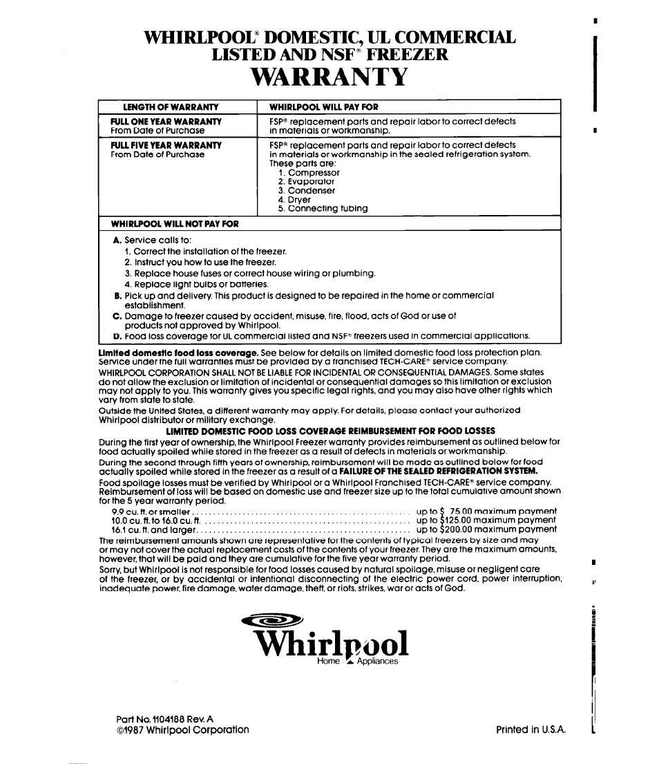 Whirlpool, Warranty | Whirlpool EV150N User Manual | Page 12 / 12
