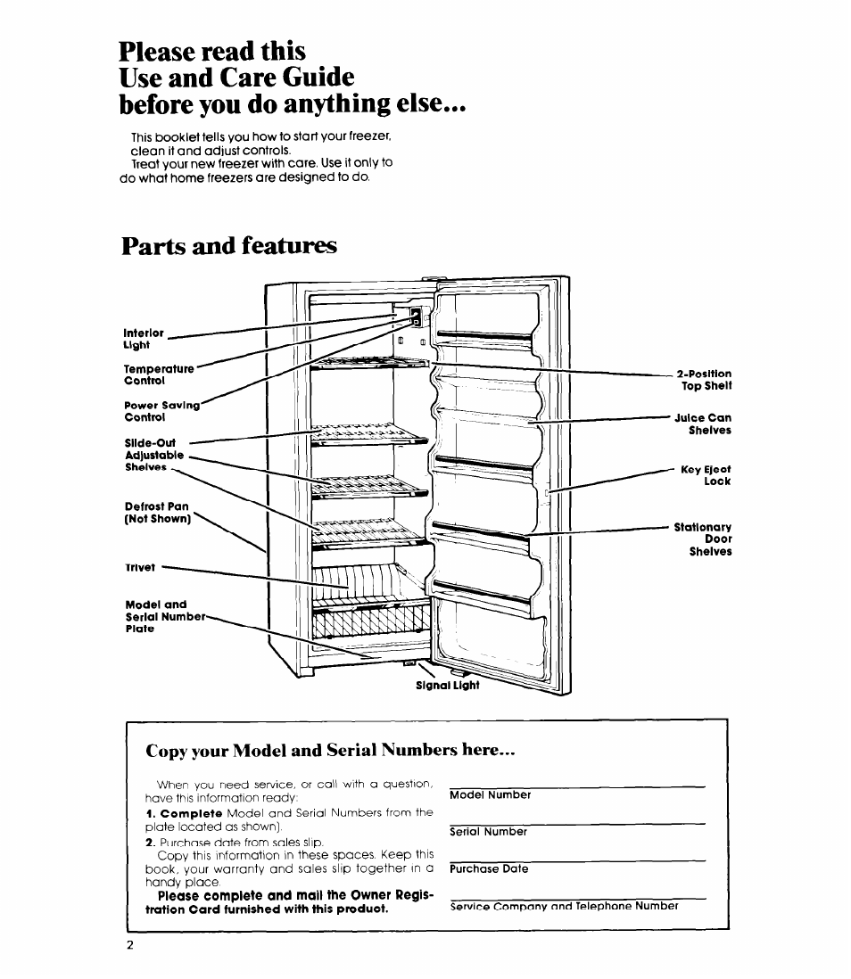 Copy your model and serial numbers here, Parts and features | Whirlpool EV150N User Manual | Page 2 / 12