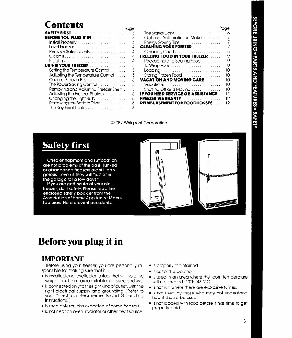 Safety first, Important, Contents p,g3 | Before you plug it in | Whirlpool EV150N User Manual | Page 3 / 12