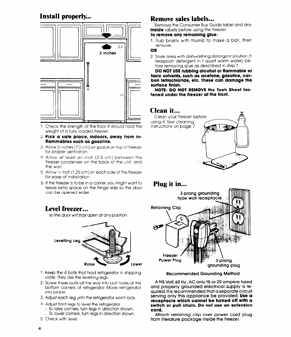 Install properly, Level freezer, Remove sales labels | Plug it in, Level freezer remove sales labels | Whirlpool EV150N User Manual | Page 4 / 12