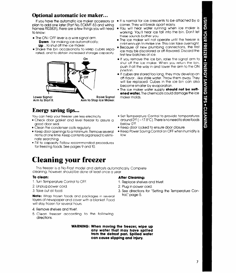 Optional automatic ice maker, Energy saving tips, Cleaning your freezer | Whirlpool EV150N User Manual | Page 7 / 12