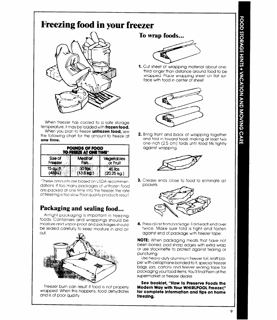 To wrap foods, Packaging and sealing food, Freezing food in your freezer | Whirlpool EV150N User Manual | Page 9 / 12