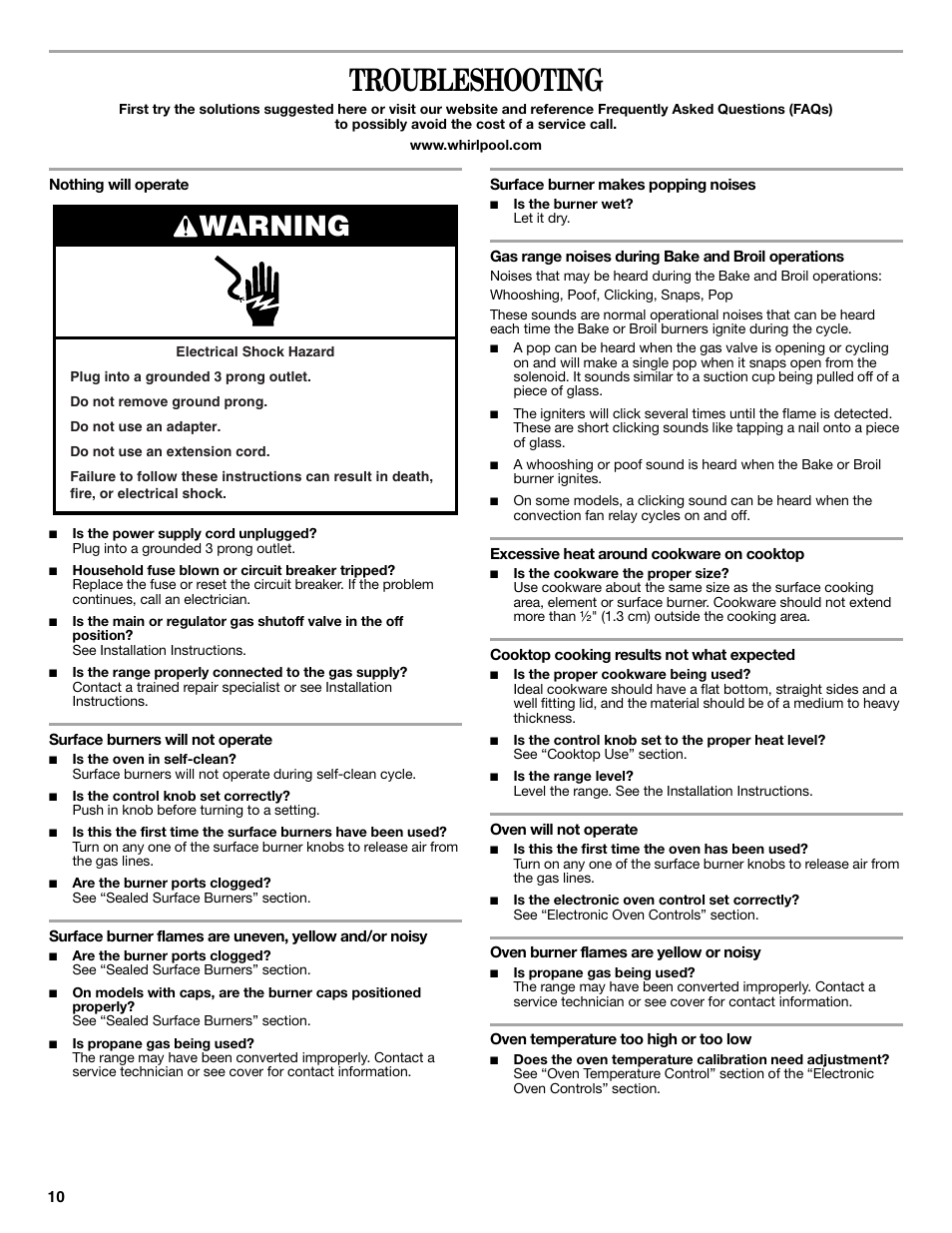 Troubleshooting, Warning | Whirlpool WFG361LVS User Manual | Page 10 / 12