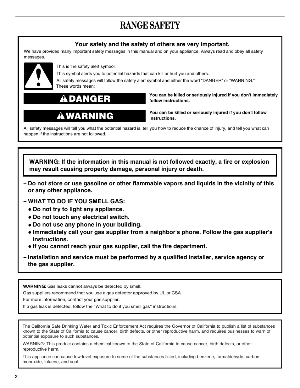 Range safety, Danger warning | Whirlpool WFG361LVS User Manual | Page 2 / 12