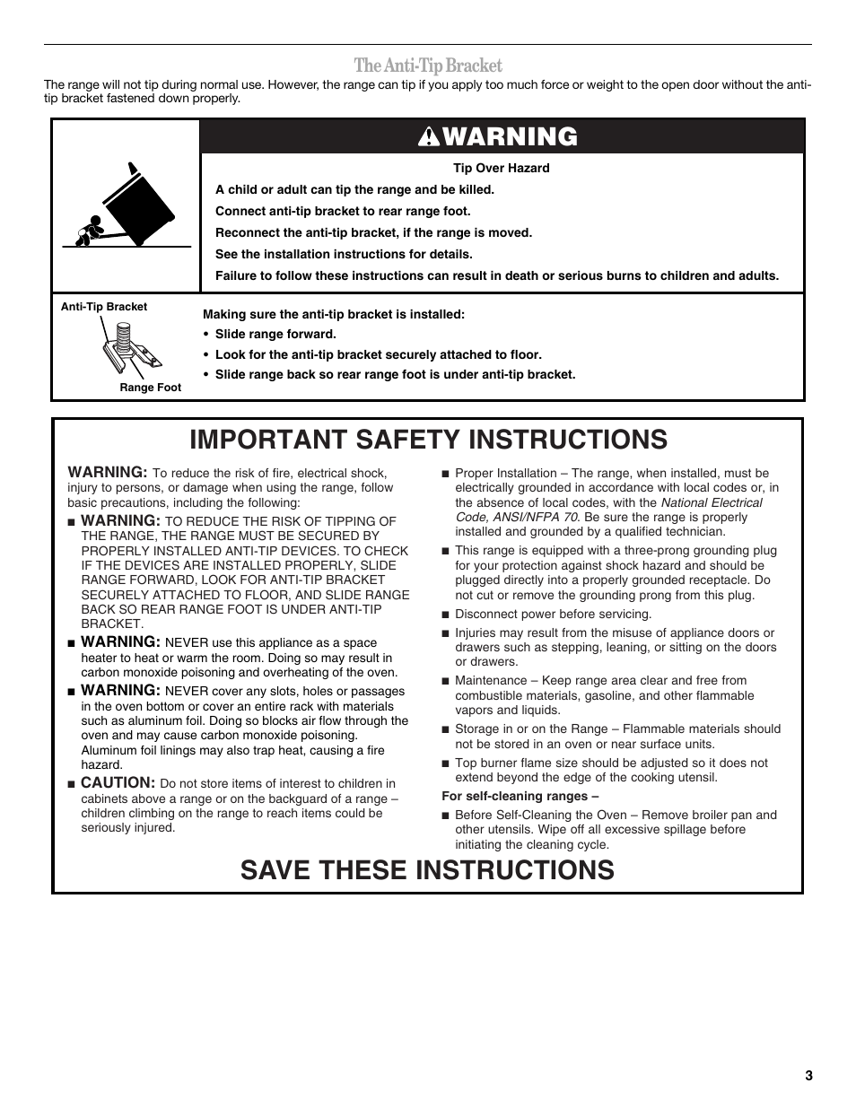 Warning, The anti-tip bracket | Whirlpool WFG361LVS User Manual | Page 3 / 12