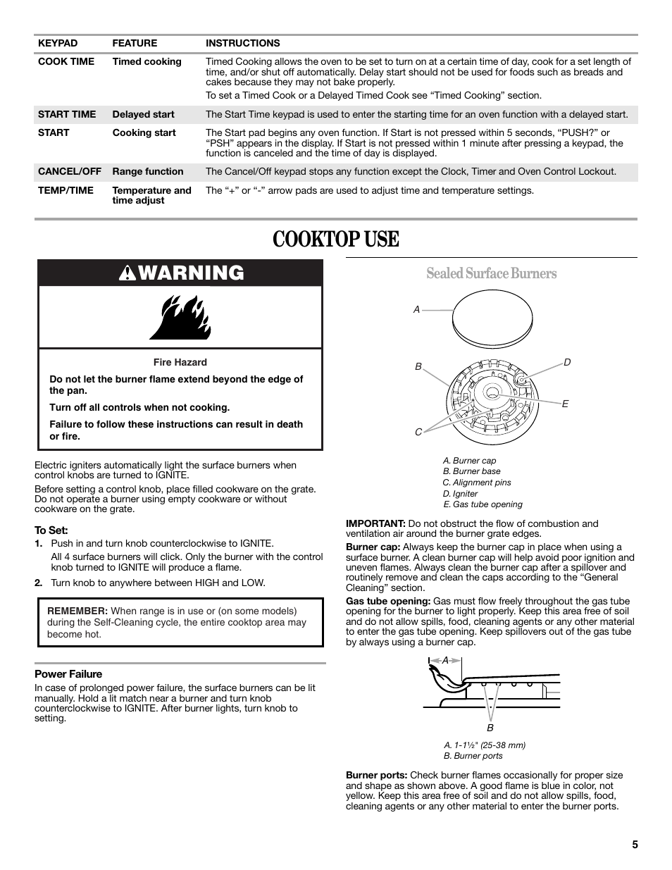 Cooktop use, Warning, Sealed surface burners | Whirlpool WFG361LVS User Manual | Page 5 / 12