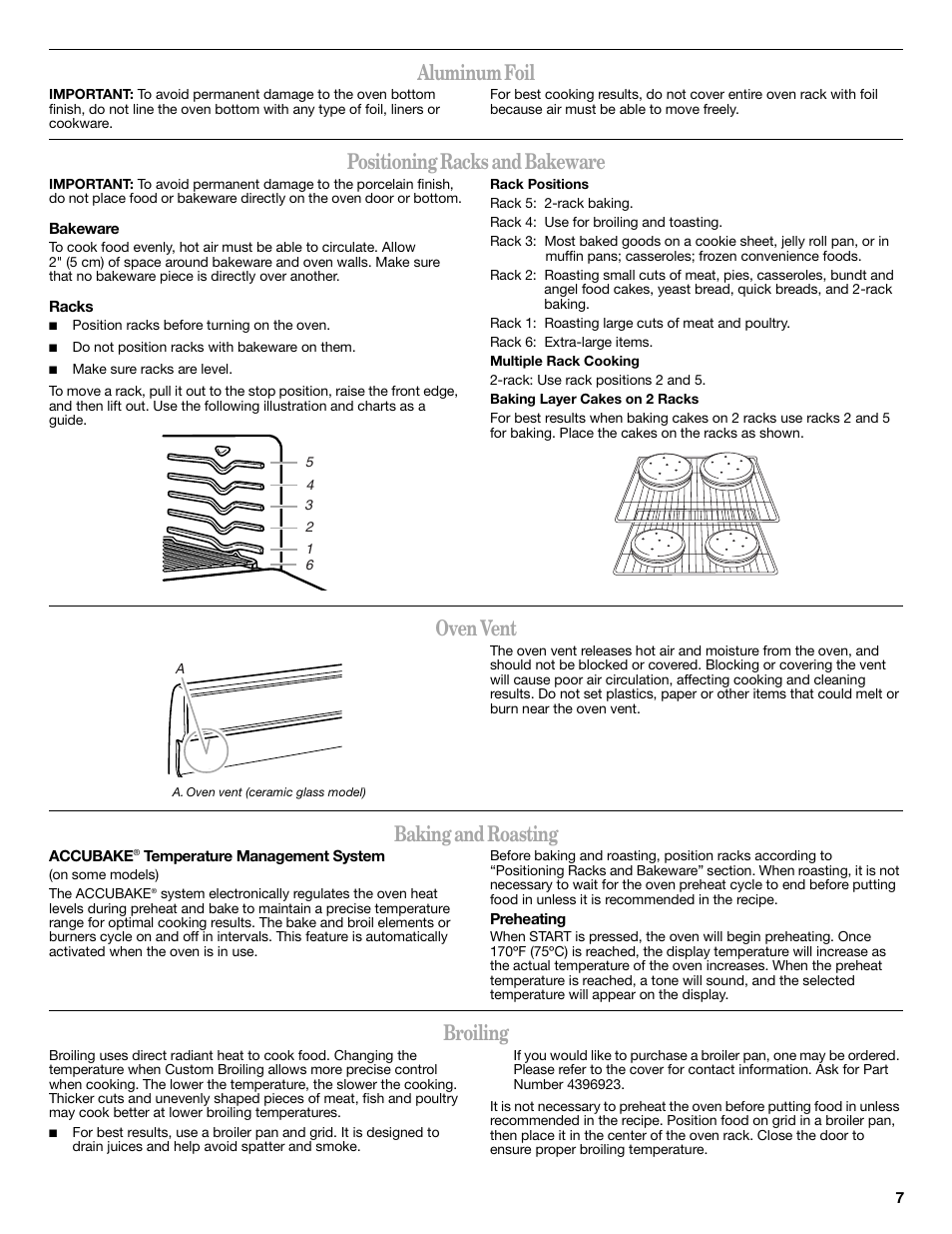 Aluminum foil, Positioning racks and bakeware, Oven vent | Baking and roasting, Broiling | Whirlpool WFG361LVS User Manual | Page 7 / 12