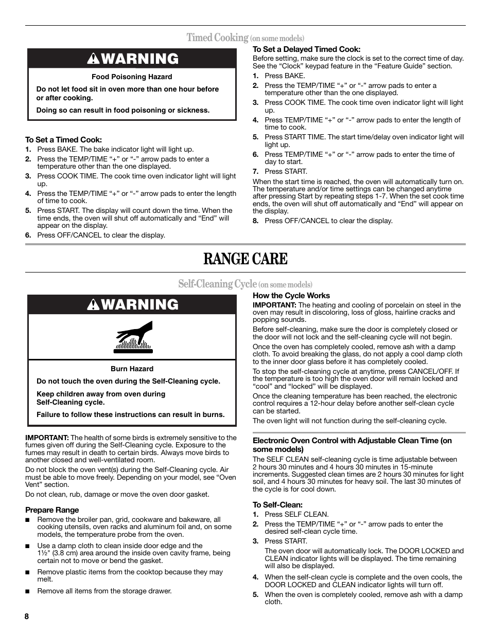 Range care, Warning, Timed cooking | Self-cleaning cycle | Whirlpool WFG361LVS User Manual | Page 8 / 12