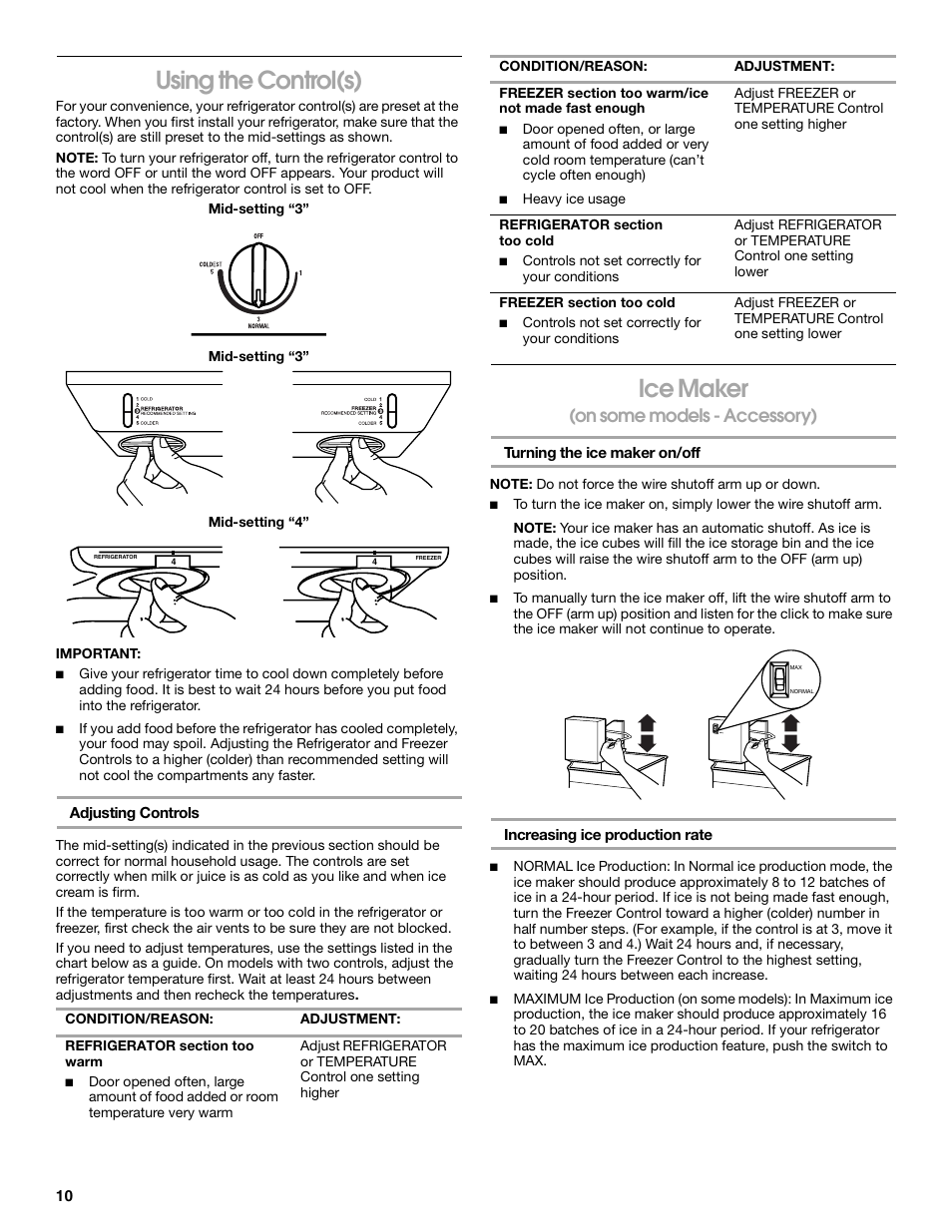 Using the control(s), Ice maker, On some models - accessory) | Whirlpool 2225405 User Manual | Page 10 / 20