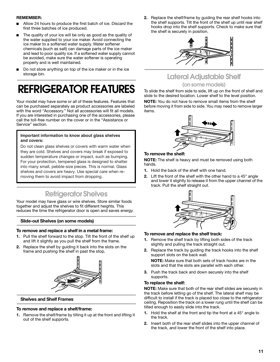 Refrigerator features, Refrigerator shelves, Lateral adjustable shelf | Whirlpool 2225405 User Manual | Page 11 / 20